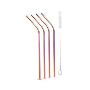 Set of 4 stainless steel drinking straws with cleaning brush, titanium rainbow color - Straw