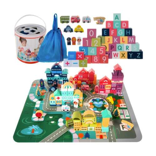 Holz-Stadtbauklötze-Set mit Spielmatte, Eimer, Tasche, Alphabetblöcken und Zahlenblöcken
