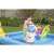 Child playing in Bestway inflatable pool with slide and astronaut, moon, rocket, and planet toys
