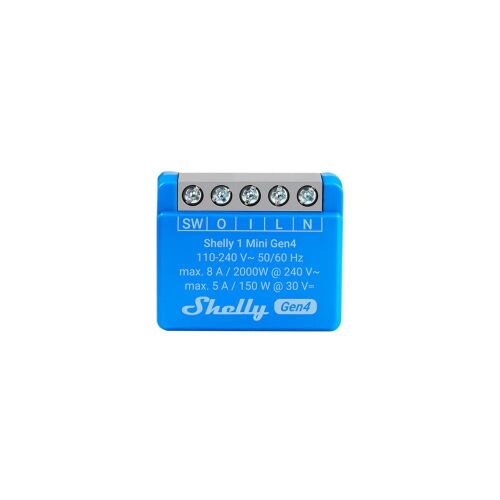 Elölnézet a Shelly 1 Mini Gen4 okos reléről, kiemelve a csatlakozási lehetőségeket és a műszaki specifikációkat. - Hálózati switch