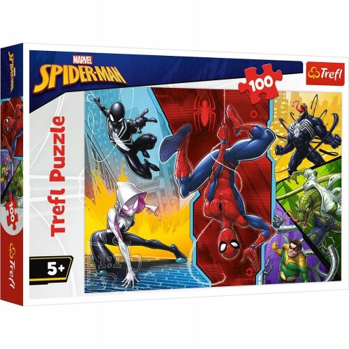 Trefl Spider-Man 100-piece puzzle box featuring Spider-Gwen, Spider-Man, Venom, and other characters.