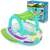 Bestway inflatable boat with canopy for kids, blue and green colors, with steering wheel, in a swimming pool, packaging