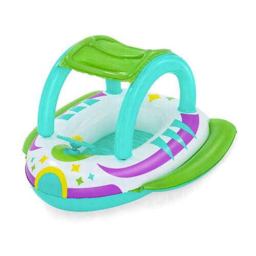 Bestway inflatable boat with canopy for kids, blue and green colors, with steering wheel