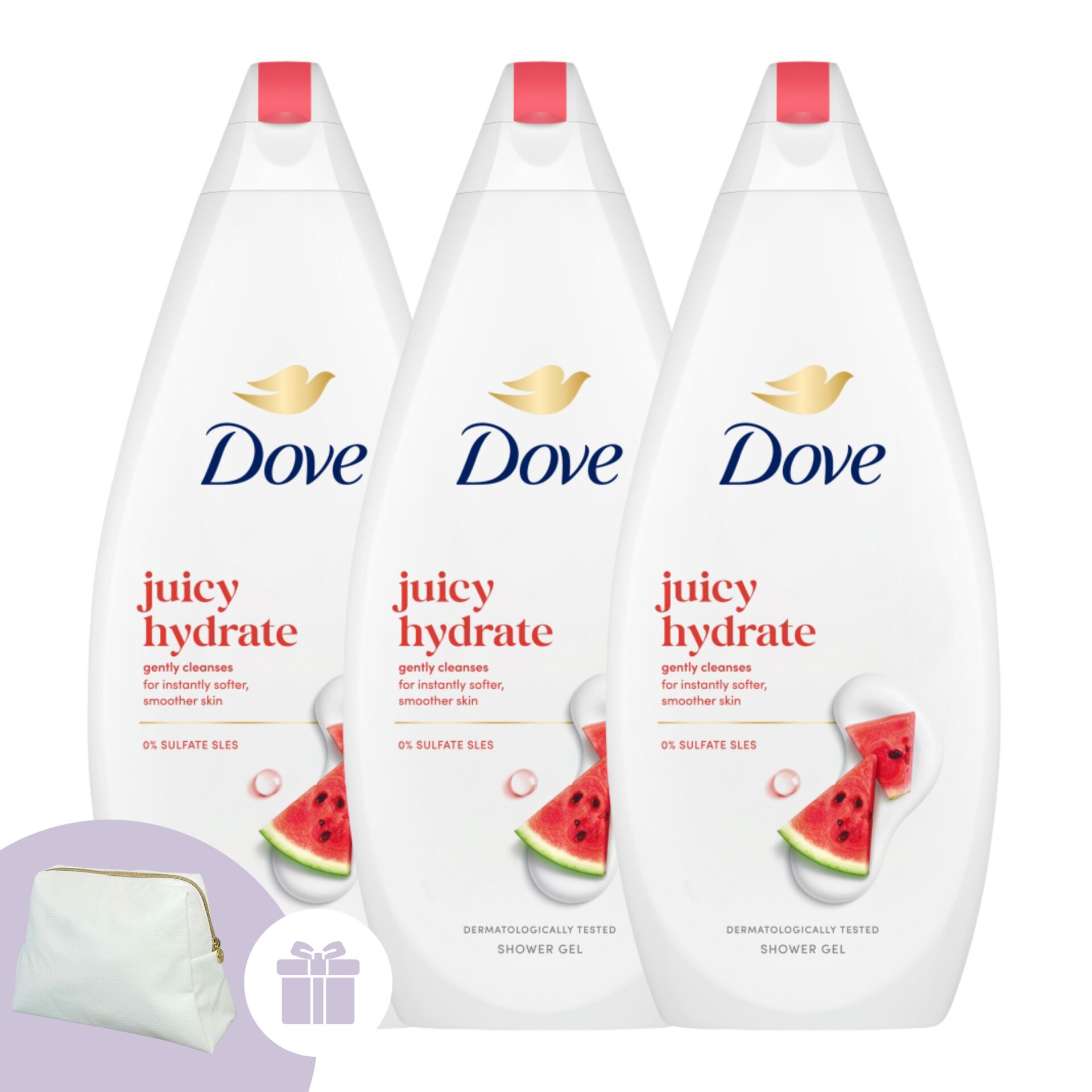 E-shop Dove Juicy Hydrate Krémový sprchový gél 3x720ml + Darček Dove Koz...