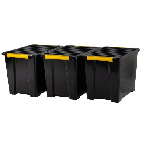 Rotho DIY EASY 3x65L tároló doboz szett, fekete műanyag tárolók sárga fedél rögzítőkkel - Tárolódoboz és kosár