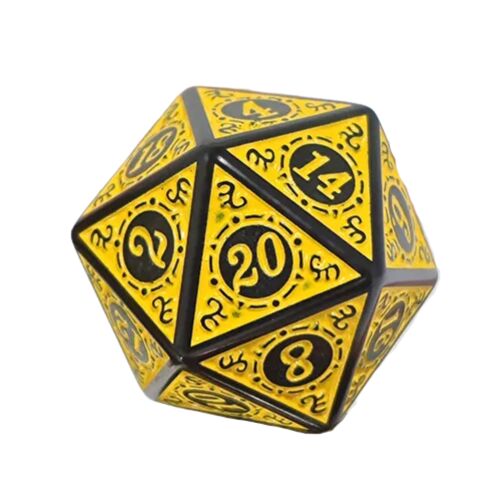 Egyetlen RPG DOCKBOCKA A Fény Temploma D20 kocka, sárga és fekete, izolált - Fan Gaming termék