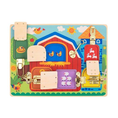 Tooky Toy Montessori fa reteszelő tábla, gazdaság témájú fejlesztő játék babáknak a finommotoros készségek fejlesztéséhez - Babajáték