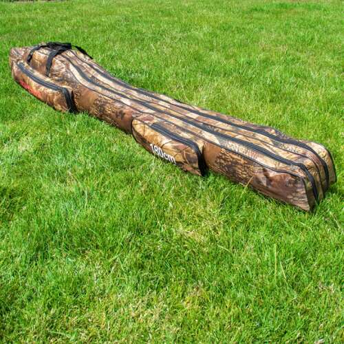 1,8m long fishing rod bag with two compartments and two storage pockets, camouflage pattern