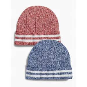 2er Pack gestrickte Wintermützen für Kinder, rot und blau mit weißen Streifen, Größe 3-4 Jahre - Kindermützen, Sets