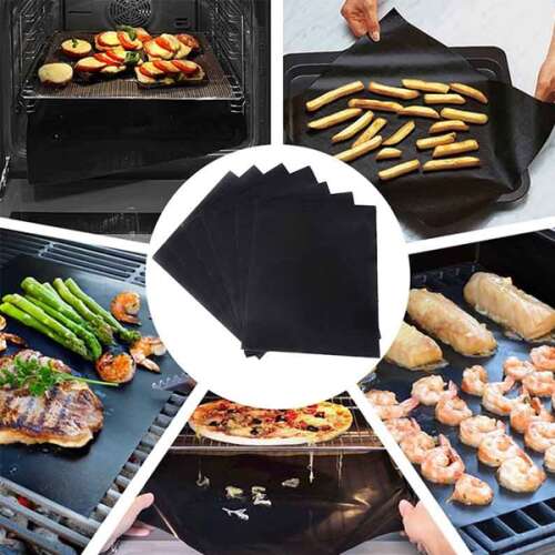 Non-stick heat-resistant baking sheet for oven and grill, collage of usage examples