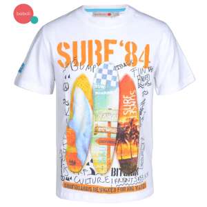 Weißes boboli SURF'84 T-Shirt für Jungen mit einem bunten Surfboard-Druck - Boboli
