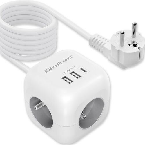 Qoltec 6 az 1-ben elosztó kocka 3 AC aljzattal, 2 USB porttal és 1 USB-C PD 20W porttal. - Elosztó
