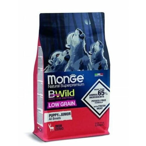 Monge BWild Puppy & Junior Szarvas 2,5kg, alacsony gabonatartalmú száraz kutyaeledel kölyök és fiatal kutyák számára minden fajtából. - Száraz kutyaeledel