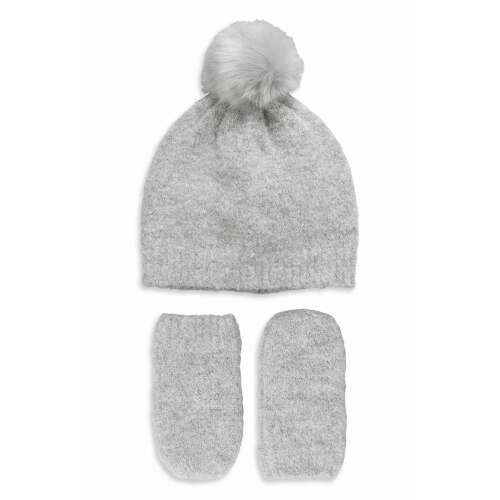 Grauer Strickmützen- und Fäustlings-Set mit Bommel für Kinder, 5-6 Jahre alt