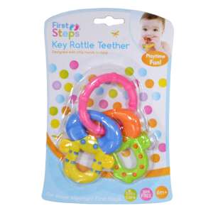 First Steps Kľúčová Chrastítko Hryzátko, farebný hryzátko bez BPA pre bábätká od 6 mesiacov - Starostlivosť o zúbky bábätiek