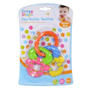 First Steps Kľúčový chrastítko hryzátko, bez BPA, od 6 mesiacov, farebný hryzátko v tvare kľúča pre bábätká - Kúpanie & Starostlivosť o bábätká