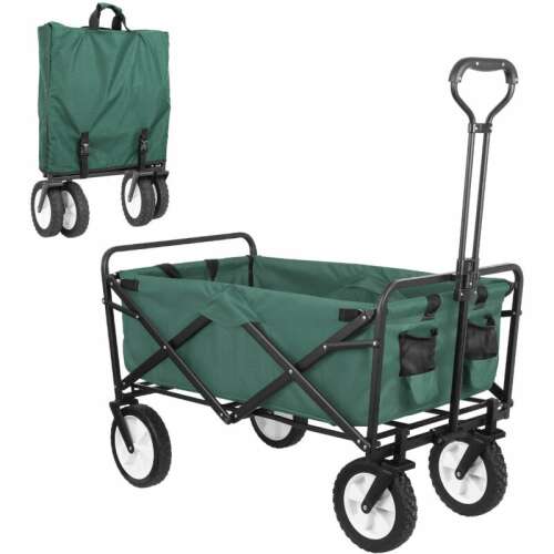 Zöld összecsukható kerti kocsi huzattal és kihúzott fogantyúval