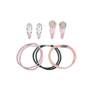 Set de agrafe de păr și elastice de păr Boboli cu elastice de păr roz și negre și agrafe de păr roz cu design de ceas și de buline - Agrafe de păr, benzi de păr