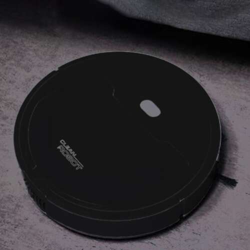 Schwarzer Roboter-Staubsauger mit Staubbehälter, Seitenbürsten und Ladekabel