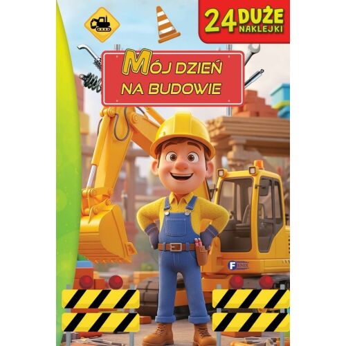 A napom az építkezésen matricás foglalkoztató füzet borítója, építőmunkás rajzfilmfigurával - Matricás foglalkoztató füzet