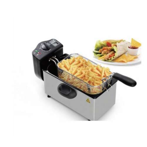 Royalty Line 2000W electric deep fryer with 3 liter capacity, stainless steel, black, with basket full of french fries