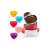 Set of 12 heart shaped silicone muffin cups, in various colors, with a chocolate muffin in one of the cups