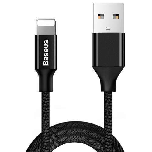 Cablu Baseus Yiven USB la Lightning, negru împletit, lungime 1,8 m, prezentând cablul împletit și conectorii