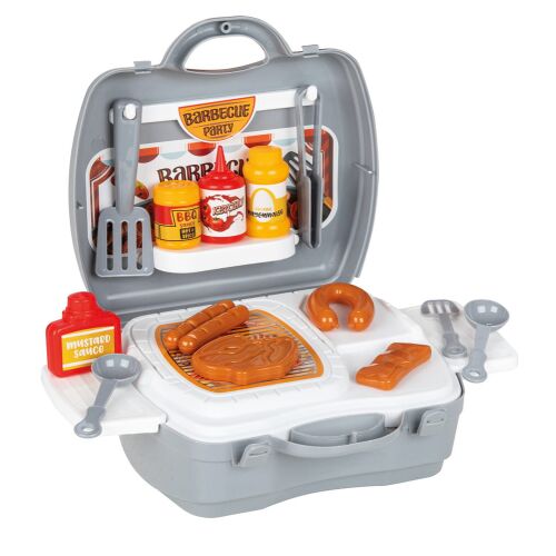 Pilsan BBQ bőrönd játékszett, játék kolbászokkal, burgerekkel, fűszerekkel és eszközökkel - Szerepjáték