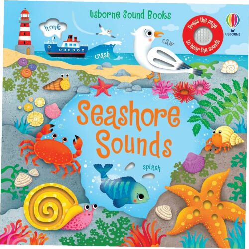 Usborne Tengerparti hangok könyvborító, tengeri állatokkal és hangokkal - Képeskönyv és lapozó