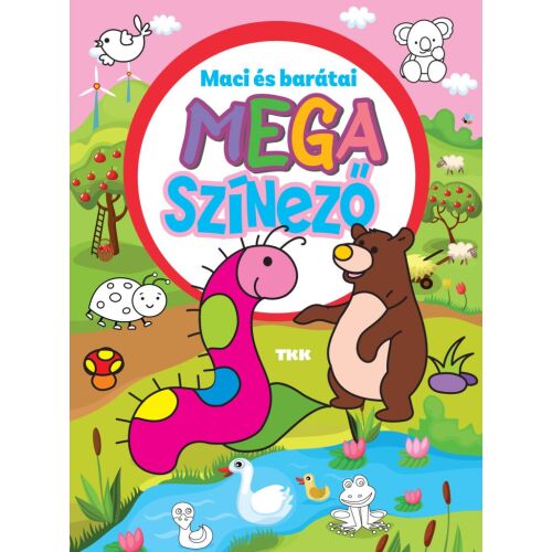 Maci és barátai Mega színező színezőkönyv borítója, egy medve és egy hernyó karakterrel. - Kifestő foglalkoztató füzet