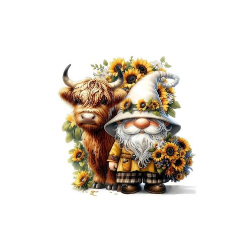 Közelkép a Bboldin Törpe és Borjú 1000 darabos puzzle-ről, a törpe, borjú és napraforgó mintázatot mutatja - Puzzle