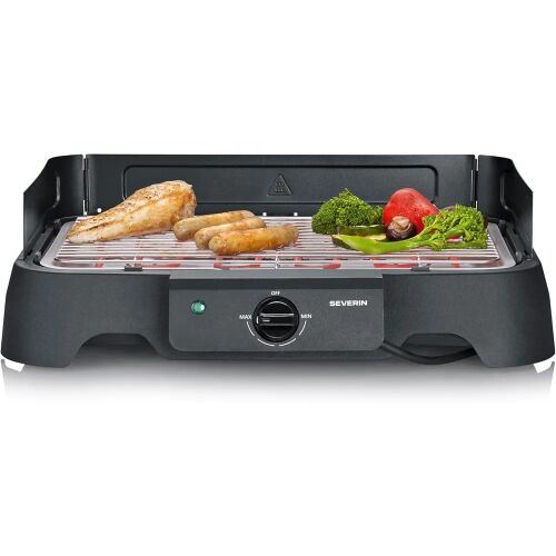 Elölnézet a Severin elektromos grillről ételekkel a grilllapon. - Severin