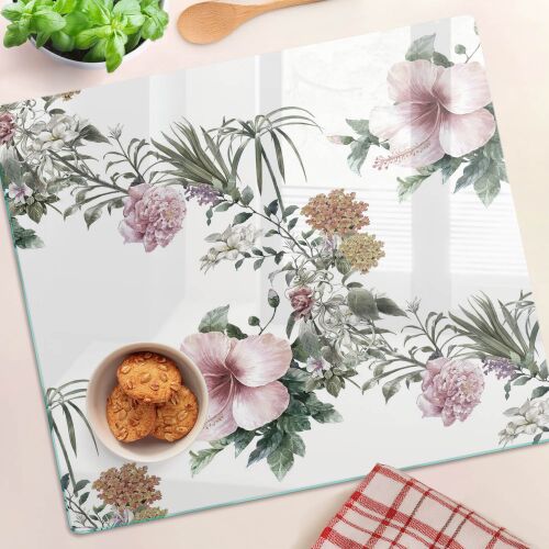 Virágos üveg vágódeszka Üveg Dekoratív Tálaló Tálalótál Virágmintával 60x52 cm sütivel és fűszernövényekkel - Konyha és étkezés