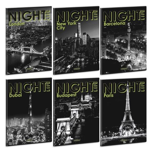 Ars Una Night Life A4 kockás füzet, London, New York, Barcelona, Dubai, Budapest és Párizs városképeivel - Füzet