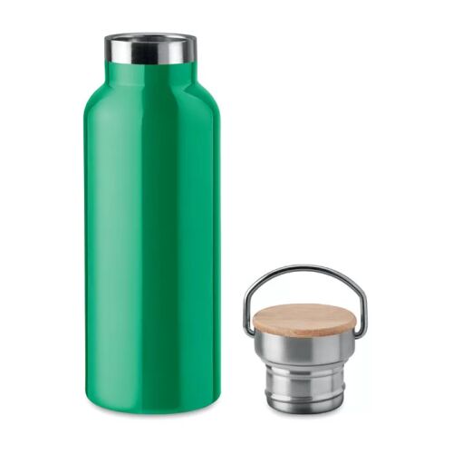 Duplafalú termosz 500 ml, zöld rozsdamentes acél termosz bambusz fedéllel és fogantyúval - Otthon és kert