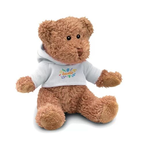 Plüss maci fehér kapucnis pulóverrel és színes mintával, puha teddy maci - Plüssjáték