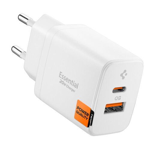 Spigen Wall Charger Essential USB + USB-C 20 W gyorstöltő – fehér 161732772 - Telefontöltő
