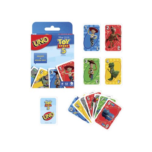 UNO Toy Story 5 kártyajáték doboza és különböző karakterkártyák, köztük Woody, Buzz Lightyear, Jessie és Rex, fehér háttérrel - Kártyajáték