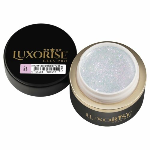 LUXORISE Grace Shine RevoFlex építő zselé nyitott tégelyben, felülnézet a tégelyről és vonalkód az oldalán. - LUXORISE