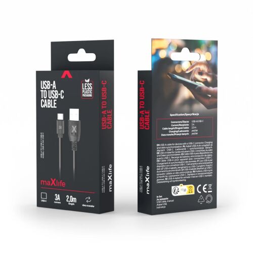 Maxlife USB – USB-C kábel 2,0 m 3A fekete 162276809 - Maxlife
