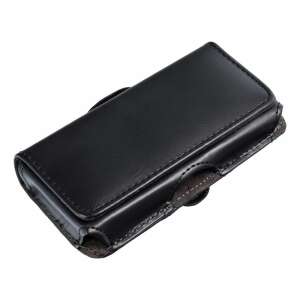 Abgewinkelte Ansicht der Forcell Classic 100A Universal-Handytasche aus schwarzem Leder - Handyhüllen