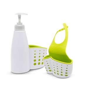 Zelený a biely kuchynský držiak na umývadlo s dávkovačom mydla a držiakom na špongiu - Kuchynské pomôcky