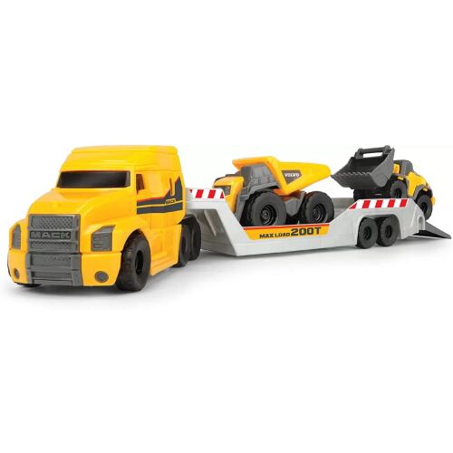 Dickie Toys Mack Volvo Micro Builder teherautó utánfutóval, buldózerrel és dömperrel fehér háttér előtt - Autó és jármű