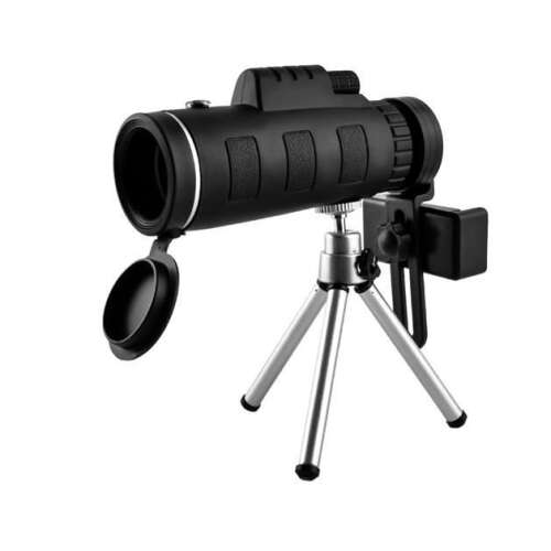 Black monocular telescope with tripod and phone holder