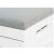 Close-up of gray cushioned top of white wooden storage ottoman