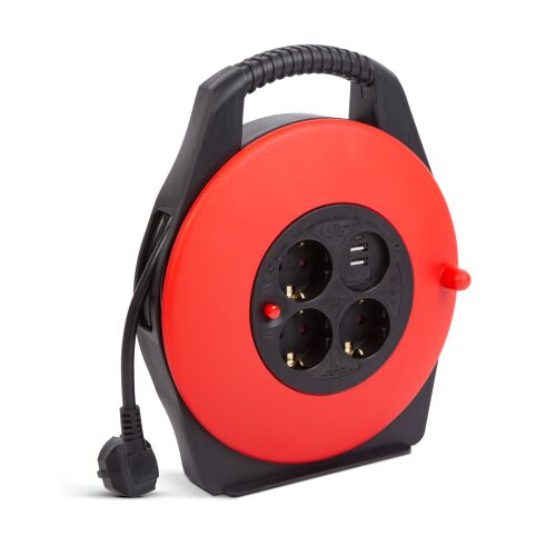 10 m-es kábeltekercs, 3 db Schuko aljzat, 2x USB, hővédelem, 16 A, IP20