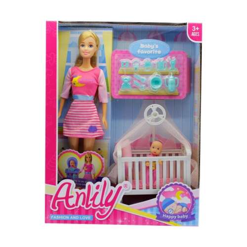 Baba klt., baba, vékony, + kiságy, + baba, 25x32 cm dob.