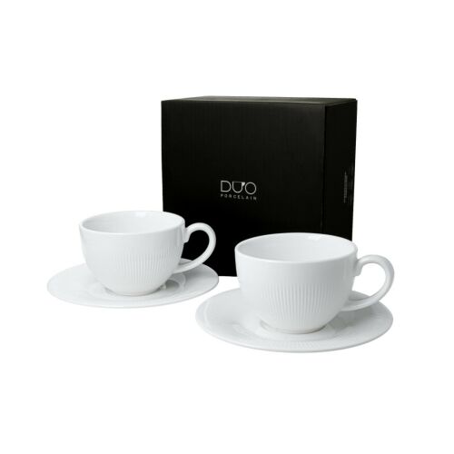 DUO Porcelain Raphael teáskészlet, 2 fehér csésze és alj díszdobozban, tökéletes teakedvelőknek. - Kávés és teás készlet