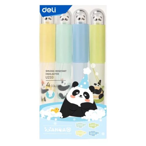 DELI Panda szövegkiemelő készlet, 4 db pasztell színű filctoll aranyos panda mintával, ideális diákoknak - Szövegkiemelő
