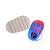 Wooden shoe lacing toy for kids, blue and red shoe with pink laces, bottom of the shoe